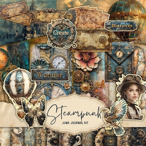Steampunk Junk Journal Kit, digitaal industrieel papier, Victoriaans afdrukbaar, Digi-collageblad, mechanische plakboekkit, vintage ephemera