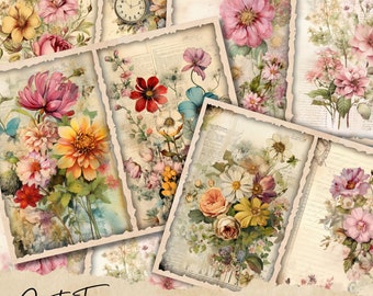 May include: Ten digital printable pages featuring vintage style floral illustrations with a soft colour palette. The pages are designed for use in junk journals and are 8.5 inches by 11 inches.