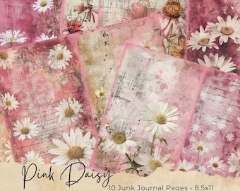 Pink Daisy Junk Journal Pages, Digital Scrapbook Paper Kit, Floral Printable, Antique Flower Collage Sheet, Shabby Chic Ephemera Download