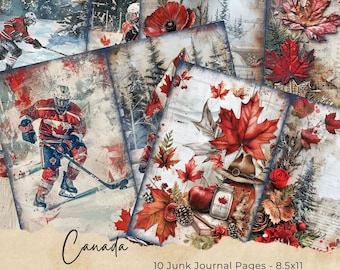 May include: Ten digital printable junk journal pages featuring a Canadian theme. The pages include images of hockey players, maple leaves, red poppies, and a jar of maple syrup. The pages are 8.5 inches by 11 inches.