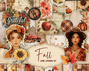 Fall Junk Journal Kit Autumn Junk Journal Ephemera Printable Tags Labels Cards Pumpkin Orange Forest Craft Supplies Scrapbook Digital Paper