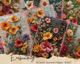 Páginas de diario basura / Bordado de primavera / Flores caprichosas / Paquete de papel digital / Materiales para scrapbooking / Decoupage / Manualidades / Bricolaje
