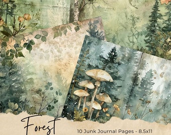 May include: Ten digital scrapbook pages featuring a forest theme with watercolor illustrations of trees, mushrooms, and flowers. The pages are 8.5 inches by 11 inches and are perfect for junk journaling.