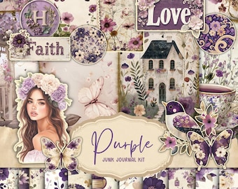 ジャンクジャーナル、パープルタグ、蝶、花、鳥、印刷可能