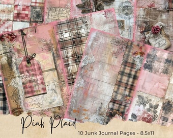 Rosa rutiga skräpjournalsidor, digitala papper, utskrivbara journalsidor, scrapbookkort, papperspyssel, shabby chic-textilier, bakgrund