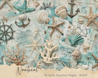 Vintage Nautical Junk Journal Pages, Digital Scrapbook Paper Kit, Printable Collage Sheet, Sea Ephemera, Shabby Chic Beach, Marine Download