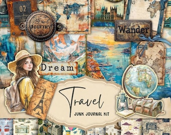 The Traveler Printable Junk Journal Kit Vintage Grunge Digital Download Antique Scrapbook Paper Collage Sheets Travel Ephemera Industrial