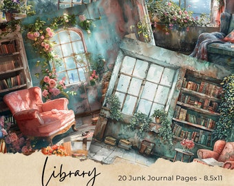 May include: A watercolour illustration depicting a library interior with a pink armchair, bookshelves, and windows. The image has a soft colour palette with floral accents and the text "Library" and "20 Junk Journal Pages - 8.5x11".