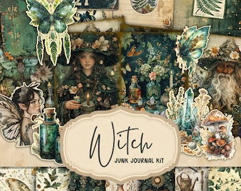 Green Witch Junk Journal Kit, Spell Book Witch Collage Printables, Fantasy Kit, Witches and Nature Junk Journal Paper, Forest Fairy Page