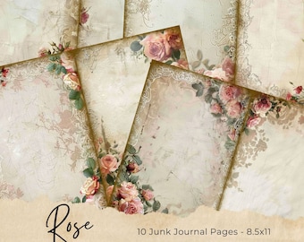 Junk Journal, Vintage,Shabby Chic Pink Roses Journal Pages & Ephemera, Labels, Flowers,Printable Digital Download, Scrapbooking Floral Pages