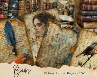Puede incluir: Un collage con libros antiguos, papel envejecido y un retrato de una mujer. La imagen incluye una pluma, un pájaro y el texto "Books" y "10 Junk Journal Pages - 8.5x11". La paleta de colores es cálida, con marrones, beiges y azules.