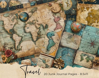 Vintage Travel Junk Journal Pages, Digital Floral Ephemera, Printable Shabby Collage Sheet, Antique Suitcase, Scrapbook Vacation Paper Kit