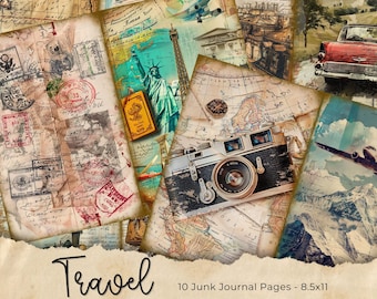 Vintage Travel Junk Journal Pages, Digital Floral Ephemera, Printable Shabby Collage Sheet, Antique Suitcase, Scrapbook Vacation Paper Kit