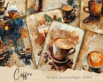 Può includere: Dieci pagine digitali stampabili con illustrazioni a tema caffè. Le pagine sono progettate per il junk journaling e presentano una varietà di tazze da caffè, mug e altre immagini legate al caffè. Le pagine misurano 8,5 pollici per 11 pollici.