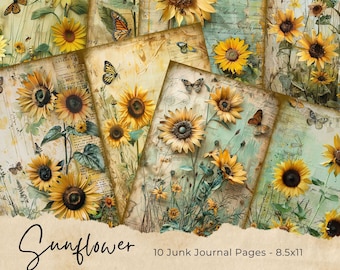 May include: Ten digital printable pages featuring vintage-style sunflower illustrations with butterflies. The pages are designed for use in junk journals and are 8.5 inches by 11 inches.