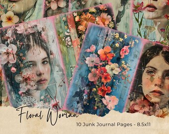 Floral Women Junk Journal Pages, Digital Scrapbook Paper Kit, Floral Fabric Printable, Vintage Ladies Collage Sheet, Victorian Women