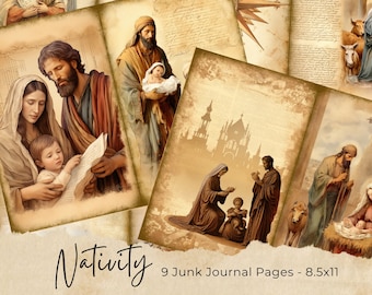 Puede incluir: Nueve páginas de diario imprimibles de estilo vintage con un tema de Natividad. Las páginas presentan imágenes de María, José, el bebé Jesús, ángeles y una estrella. Las páginas son perfectas para scrapbooking, creación de tarjetas o para agregar un toque de encanto vintage a tus proyectos.