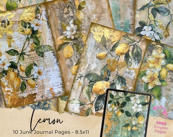 Lemon Junk Journal Pages, Digital Watercolor Scrapbook Paper, Printable Collage Sheet, Summer Fruit Craft Kit, Vintage Ephemera, Journaling