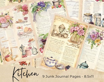 Kitchen Junk Journal Printable, Vintage Cooking Junk Journal Pages, Digital Scrapbook Paper Kit, Cookbook Printable, Victorian Collage Sheet