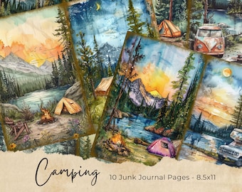 Peut inclure: Dix illustrations aquarelle de scènes de camping, mettant en scène des montagnes, des lacs, des arbres, des tentes, des feux de camp et des véhicules vintage. Les illustrations sont sur un fond de papier texturé avec le texte "Camping 10 Junk Journal Pages - 8.5x11".