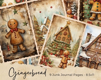 Junk Journal Vintage Gingerbread Christmas Digital Kit, Gingerbread Man Printable Scrapbook Ephemera Craft Kit, Christmas Junk Journal
