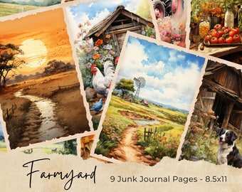 Sidor med skräpjournal för lantbruk, digitalt akvarellpapper för landsbygden, utskrivbart vintage-klippbokskit, collageark med bondgårdsdjur, lantliv