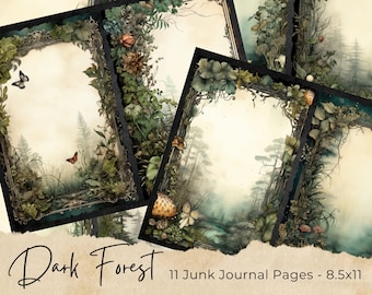 Dark Forest Junk Journal Pages, Printable Collage Sheet, Digital Scrapbook Paper, Watercolor Woodland Ephemera Kit, Vintage Trees Background
