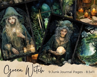 Green Witch Junk Journal Pages, Digital Scrapbook Paper Kit, Printable Spell Book, Potion Collage Sheet, Witchcraft Ephemera, Fantasy Nature