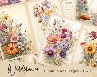 Watercolor Wildflowers Junk Journal Printable Page, Flowers Junk Journal Kit, Junk Journal Paper Digital Collage Sheet, Instant Download