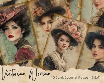 Könnte beinhalten: Zehn digitale Collage-Blätter mit viktorianischen Frauen, die Hüte mit floralen Verzierungen tragen. Die Bilder sind im Vintage-Stil mit einem verwitterten Hintergrund gehalten. Der Text "Victorian Woman" und "10 Junk Journal Pages - 8.5x11" befindet sich am unteren Rand der Collage.