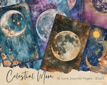 Celestial Moon Junk Journal Pages, Digital Scrapbook Paper Kit, Vintage Night Sky Ephemera, Astronomy Printable, Mystical Star Collage Sheet