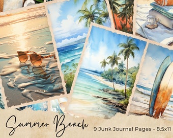 Beach Junk Journal Pages, Digital Beach Themed Scrapbook Paper, Printable Coastal Collage Sheet, Vintage Nautical Junk Journal Kit