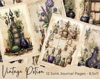 Mystic Potion Junk Journal Pages, Digital Scrapbook Paper Kit, Vintage Ephemera, Witchy Collage Sheet, Magic Spell Book, Alchemy Printable