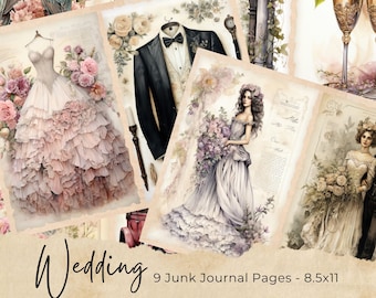 Vintage Wedding Junk Journal Pages, Digital Scrapbook Paper Kit, Bridal Printable, Flowers Collage Sheet, Marriage White Dove, Love Ephemera