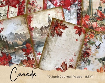 May include: Ten digital printable junk journal pages featuring a Canadian theme. The pages include images of the Canadian flag, the CN Tower, and a mountain landscape. The pages are designed to be printed on 8.5x11 inch paper.