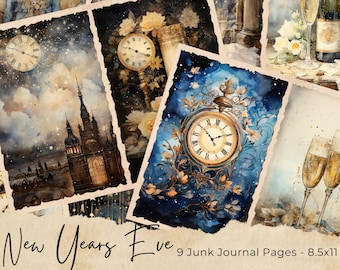 New Years Eve Junk Journal Pages, Celebration World Collage Printables, Fireworks and Champagne, Clock Junk Journal Paper