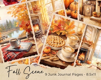 Cozy Fall Junk Journal Kit, Autumn Junk Journal-pagina's, herfstscène Junk Journal afdrukbaar papier, digitaal collageblad, herfstdesserts
