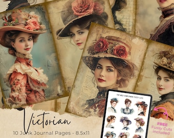 Op de afbeelding: Tien digitale collagebladen met vintage illustraties van vrouwen die hoeden met bloemen dragen. De afbeeldingen zijn in Victoriaanse stijl en hebben een verweerde, verouderde uitstraling. De tekst "Victorian" en "10 Junk Journal Pages - 8.5x11" staat onderaan de afbeelding.