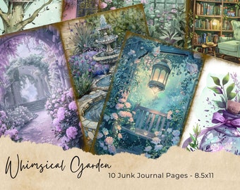 Papel de diario basura de jardín desgastado / Regaderas rústicas con flores / Páginas imprimibles / Papeles florales para álbumes de recortes / Kit digital / Collage