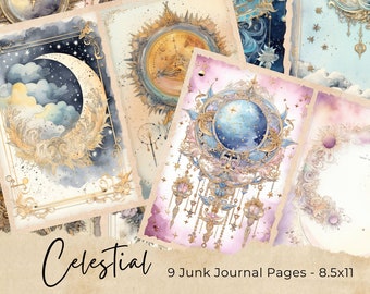 Celestial Moon Junk Journal Pages, Digital Scrapbook Paper Kit, Vintage Night Sky Ephemera, Astronomy Printable, Mystical Star Collage Sheet