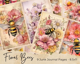 Watercolor Bee Junk Journal Kit, Vintage Bee Junk Journal Pages, Junk Journal Paper, Digital Collage Sheet, Instant Download