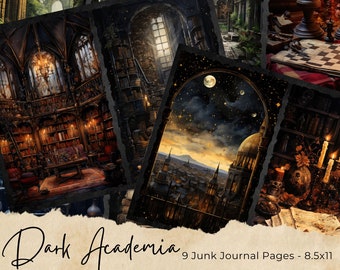 May include: Nine printable junk journal pages featuring dark academia themes. The pages include images of a library, a cityscape at night, and a gothic building.