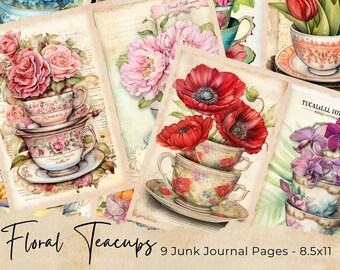 Floral junk journal, Teacup Junk Journal, Vintage Roses Junk Journal Kit, Junk Journal Printable Paper, Digital Collage Instant Download