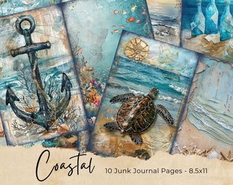 Journal de la jonque côtière | Pages du journal Seaside | Créations en papier | Papier numérique nautique | Papier pour scrapbooking | Bricolage | Coquillage | Étoile de mer