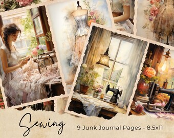 Pages de carnet de couture vintage, kit de papier de scrapbooking numérique, impression victorienne, feuille de collage de dentelle, éphémères de machine à coudre, couturière