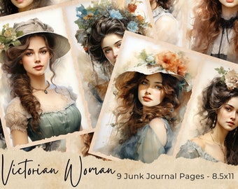 Watercolor Victorian Lady, Junk Journal Printable Pages, Digital Download Page, Vintage Card, Digital Collage Sheet, Junk Journals kit