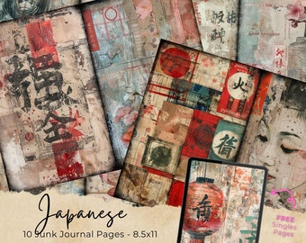 Pagine di diario vintage giapponese, kit di carta per album digitali, effimeri giapponesi, foglio di collage stampabile, sfondo asiatico, stampe orientali