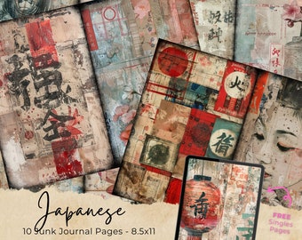 Japon vintage Junk Journal Pages, kit de papier pour scrapbooking numérique, éphémères japonais, feuille de collage imprimable, fond asiatique, estampes orientales