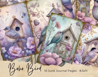 Vintage Bird Junk Journal Kit, Digital Floral Scrapbook Paper Kit, Printable Collage Sheet, Antique Animal Pages, Spring Flower Ephemera