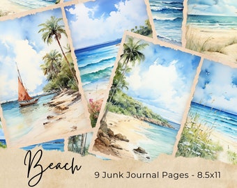 Vintage Beach Junk Journal Pages, Digital Beach Themed Scrapbook Paper, Printable Coastal Collage Sheet, Vintage Nautical Junk Journal Kit